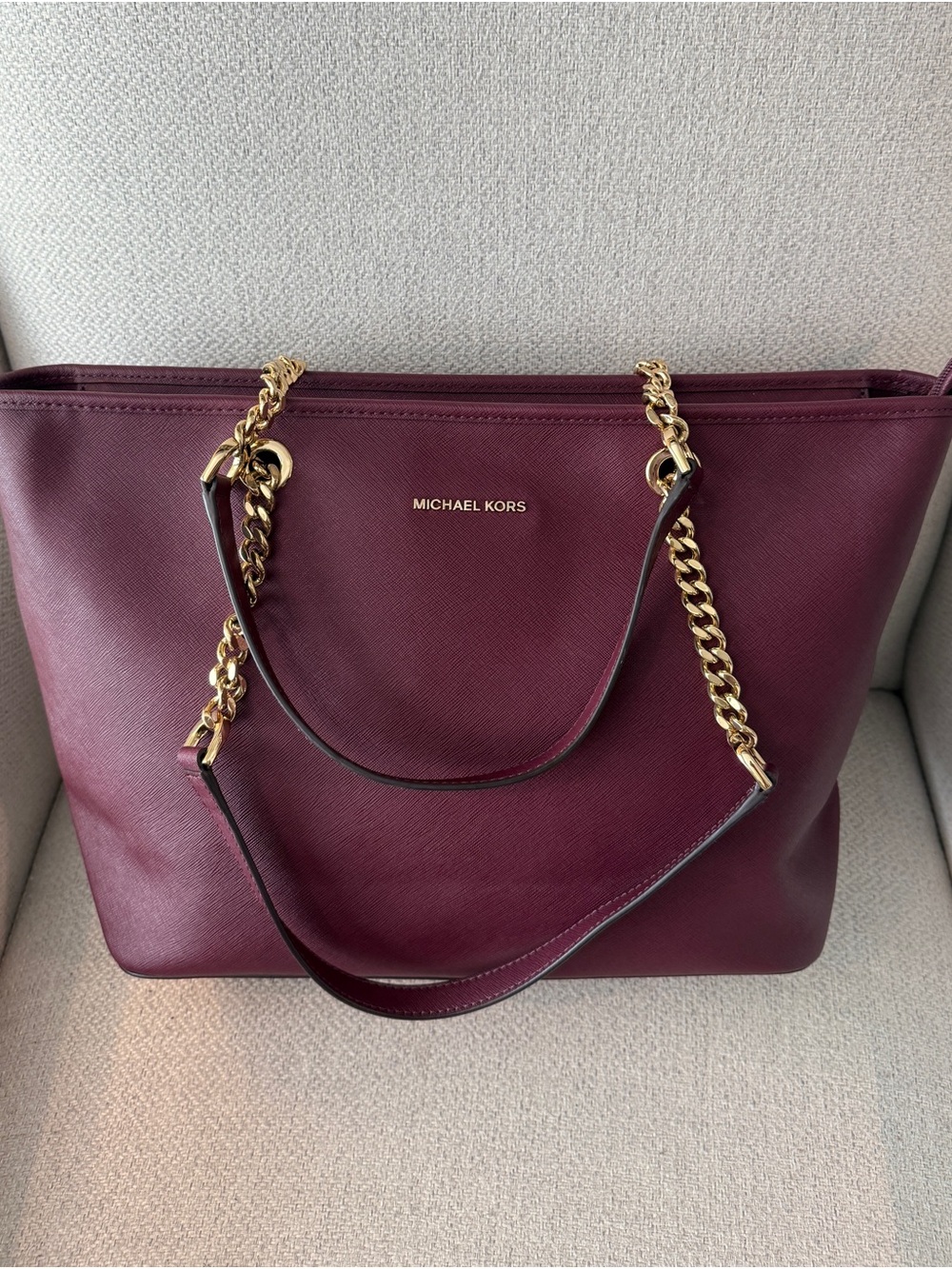 Michael Kors Plum Leather Tote with Gold Chain Straps
